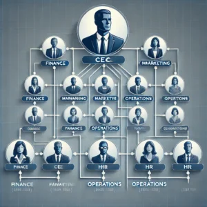 An organization chart showing a CEO at the top with branches below, connected in a structured manner.]